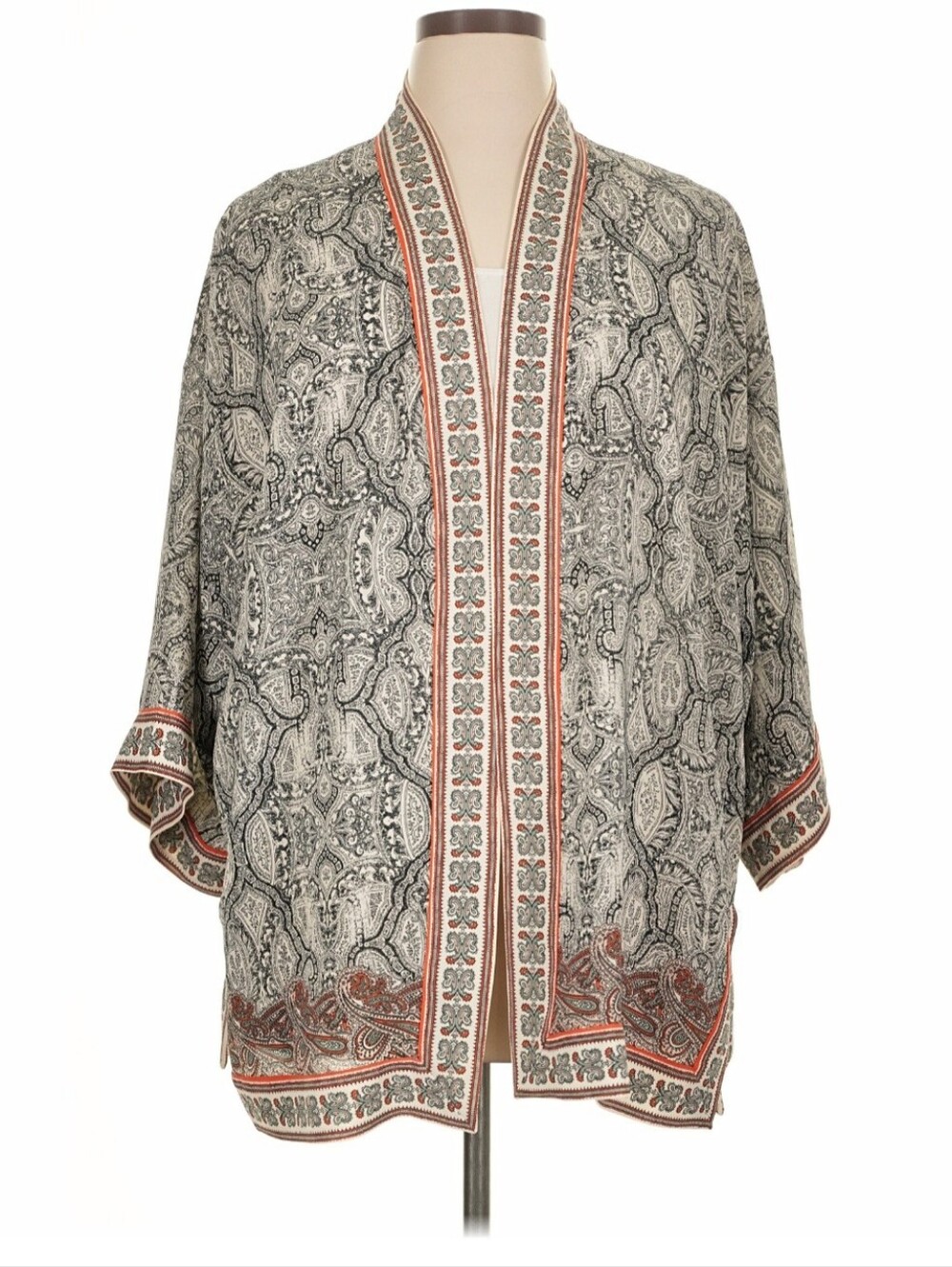 Printed Border Kimono Cardigan in Black and Rust